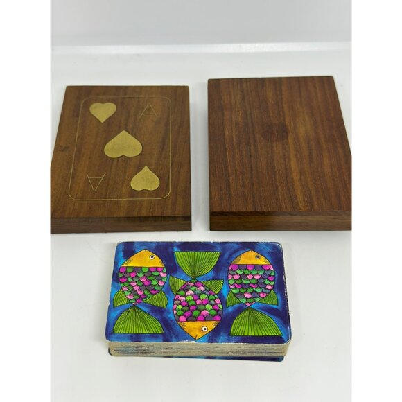 VTG 60s HandCarved Wooden Playing Card Box HandPainted Fish Design Deck of Cards - Picture 8 of 10